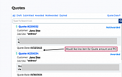 PO and Amount listed on Quote list page